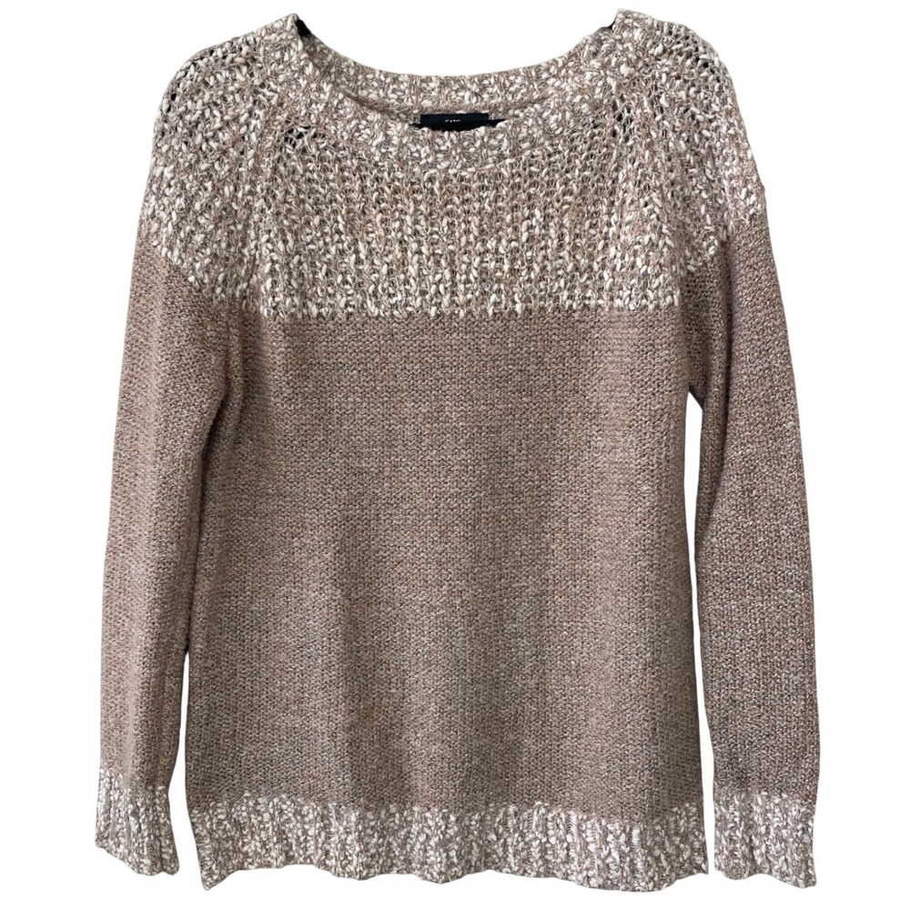 Fate Sweater Women Medium Tan Cream Mixed Stitch Open Knit Marled Boho Earthy